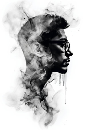Portrait of a handsome man in glasses and smoke from a vapeの素材