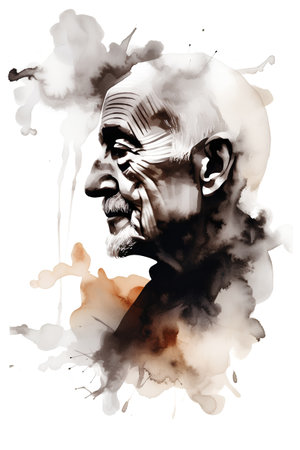 Watercolor portrait of an old man with a beard and mustache.の素材