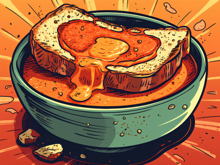 Vector illustration of a bowl of tomato soup with slices of bread.の素材