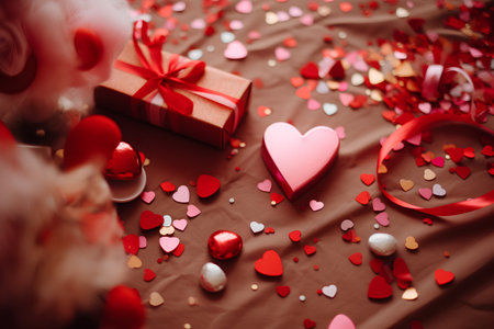 Valentine's day background with red hearts, gift box and confettiの素材