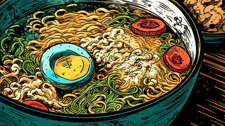 Ramen noodle hand drawn vector illustration. Japanese food sketch.の素材