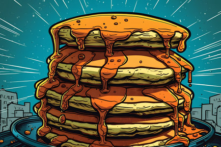 Illustration of a stack of pancakes with dripping syrup on top.の素材