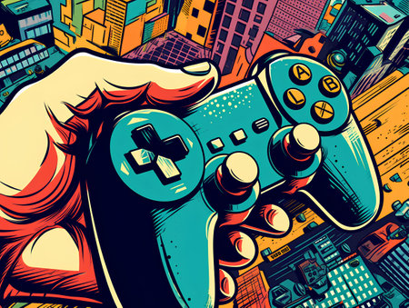 Retro videogame controller in hand. Retro style. Vector illustration.の素材