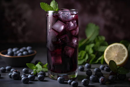 Refreshing cold drink with blueberries and mint in a glass on a dark backgroundの素材