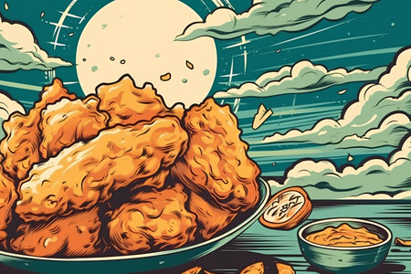 Illustration of fried chicken on a plate with a full moon backgroundの素材