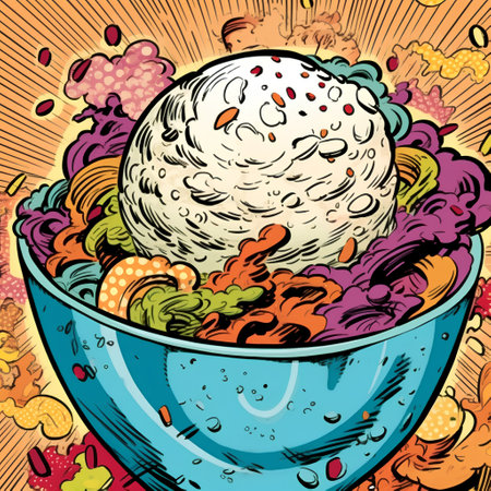 Colorful illustration of a bowl of noodle salad with ice creamの素材