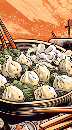 Vector illustration of Chinese steamed dumpling in a bowl.の素材