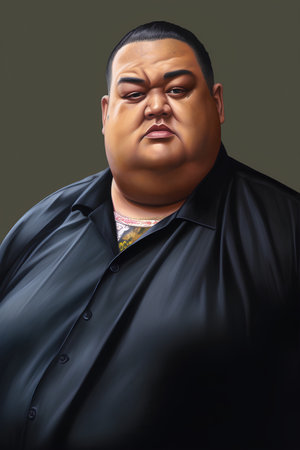 Portrait of a fat overweight Asian man on a dark background.の素材