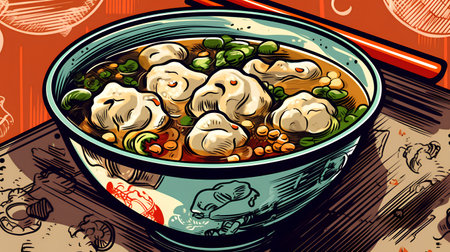 Illustration of dumplings in a bowl with chopsticks.の素材