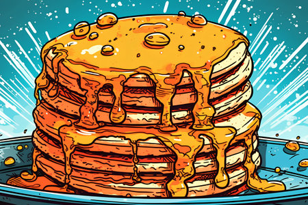 Cartoon illustration of a stack of pancakes with honey on a plateの素材
