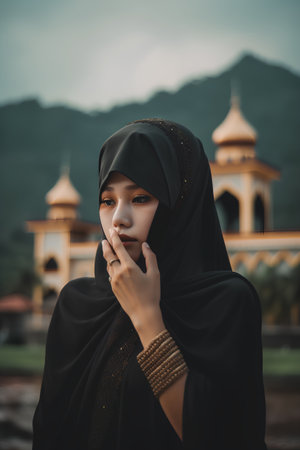 Portrait of a beautiful muslim woman in black hijab with temple in backgroundの素材
