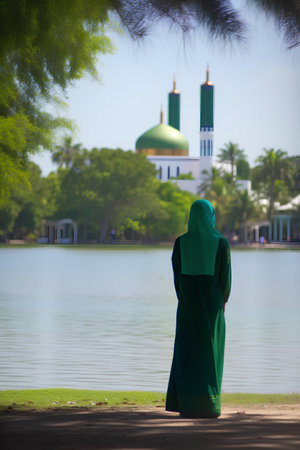 Muslim woman in green dress standing in front of the mosque and lakeの素材