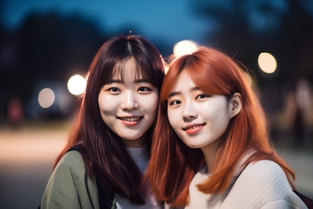Two beautiful asian women in the city at night, asiaの素材