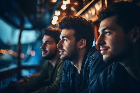 Group of young men sitting in a pub and talking to each otherの素材