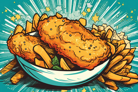 Vector illustration of fried chicken legs in a bowl with french fries.の素材