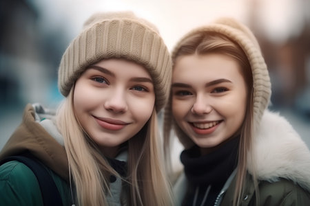 Portrait of two beautiful young women in warm clothes smiling at cameraの素材