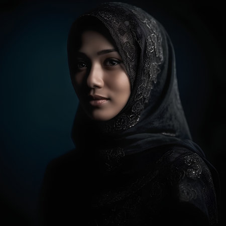 Portrait of a beautiful muslim woman with hijab on black backgroundの素材