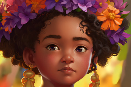 Portrait of a cute African American little girl with flowers in her hairの素材