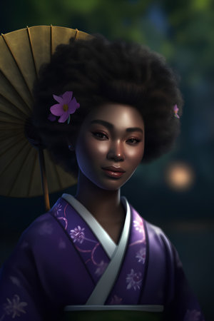 3D rendering of a geisha with a flower in her hairの素材