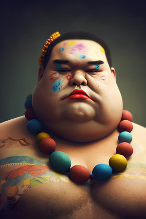 Portrait of a sad man with painted face and colorful beads around his neckの素材