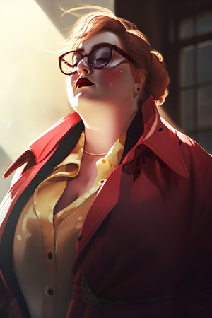 Fashion shot of a beautiful woman in red coat and sunglasses.の素材