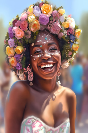 Portrait of a beautiful African American woman with flowers in her hairの素材