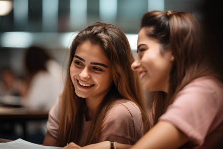 Portrait of two smiling female students studying together in a college libraryの素材