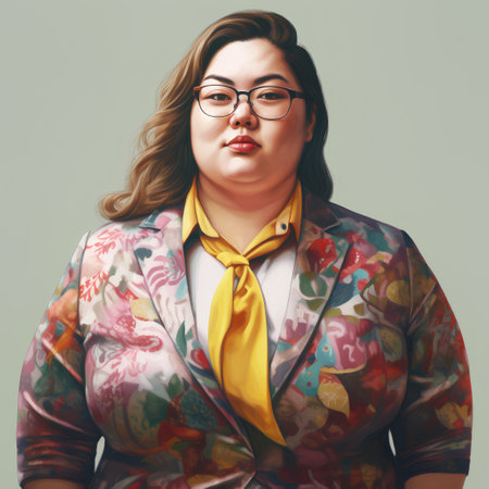 Portrait of a beautiful young woman with glasses and a colorful jacketの素材