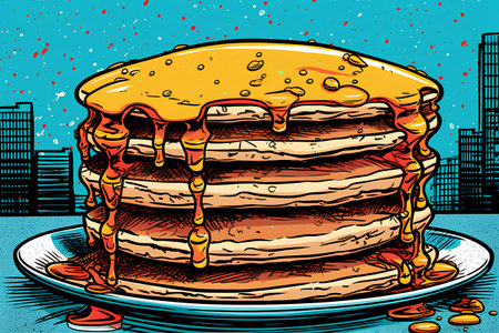 Pancakes with syrup on a plate. Vector illustration in sketch style.の素材
