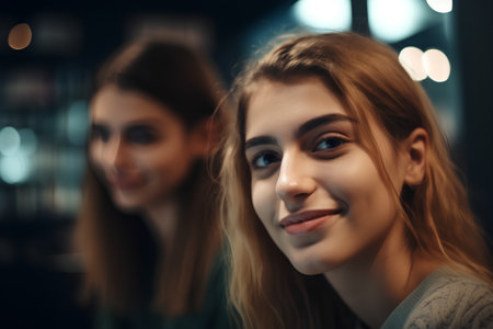 Two beautiful young women looking at camera in cafe. Closeup portraitの素材