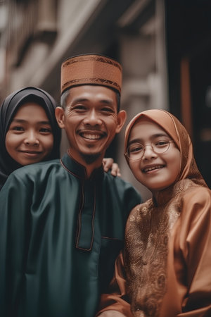 Portrait of muslim family wearing traditional clothes and smiling at cameraの素材