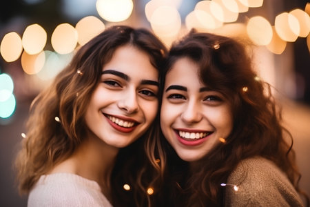 Portrait of two beautiful young women smiling and looking at the cameraの素材