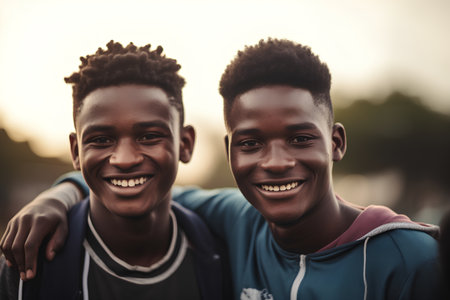 Portrait of two african american boys smiling and looking at cameraの素材