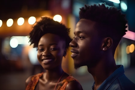 Portrait of young afro american couple in the city at nightの素材