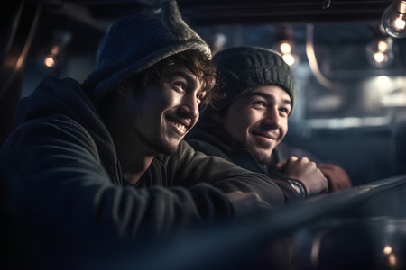 Two young men in hats and hoodie spending time together on the streetの素材