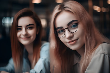 portrait of two beautiful young women in glasses on the background of a cafeの素材