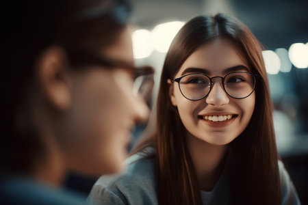 Smiling young woman in eyeglasses looking at camera with her friends in backgroundの素材