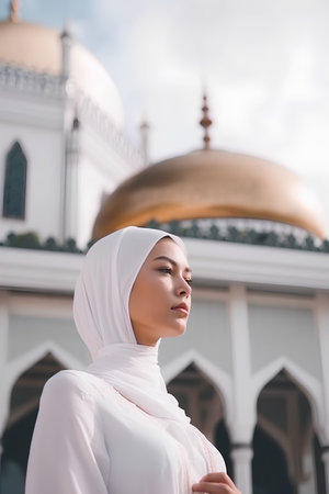 Beautiful asian muslim woman wearing white dress at mosque.の素材