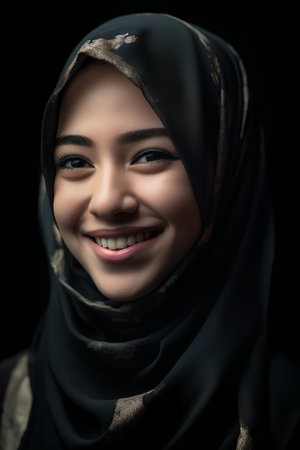 Portrait of beautiful young muslim woman with hijab on black backgroundの素材