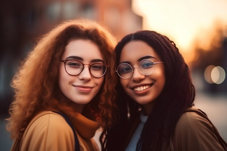 Portrait of two beautiful young women in eyeglasses looking at cameraの素材