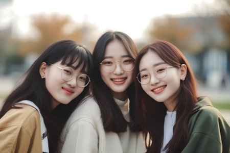 Portrait of three young asian women with eyeglasses outdoorの素材