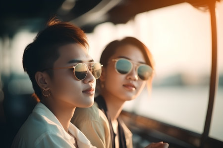 Portrait of two young asian women in sunglasses, outdoor shotの素材