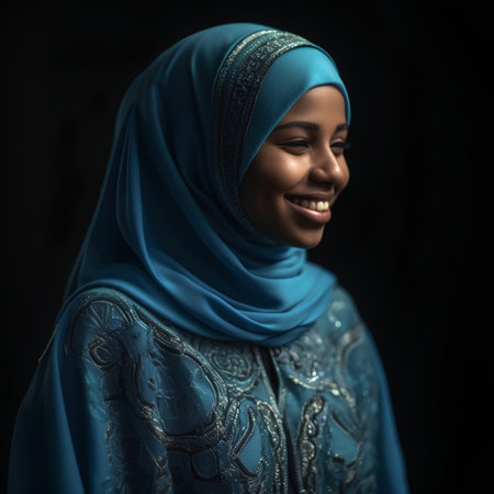 Portrait of a beautiful young muslim woman smiling against black backgroundの素材