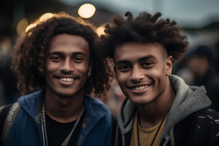 Portrait of two young african american guys smiling and looking at cameraの素材