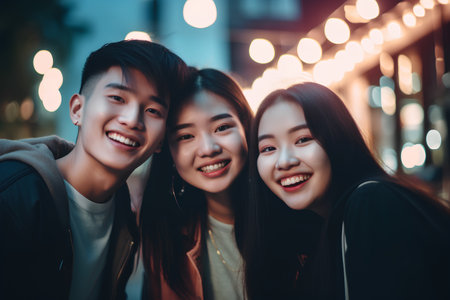 Group of young asian friends smiling and looking at the camera.の素材