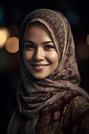 Portrait of a beautiful muslim woman with hijab smiling at the cameraの素材