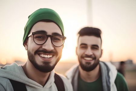 Two young hipster guys smiling and looking at camera while standing outdoorsの素材