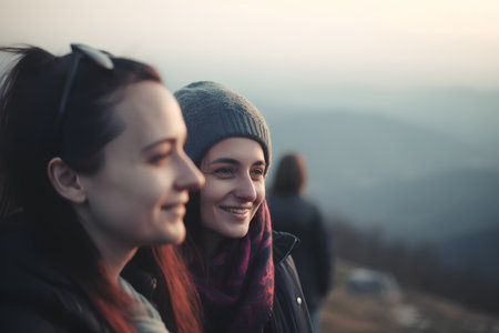 Portrait of two happy young women looking at each other in the mountainsの素材