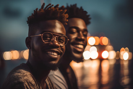Portrait of two afro-american men on the street at night.の素材