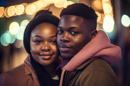 african american couple in winter clothes looking at camera at nightの素材